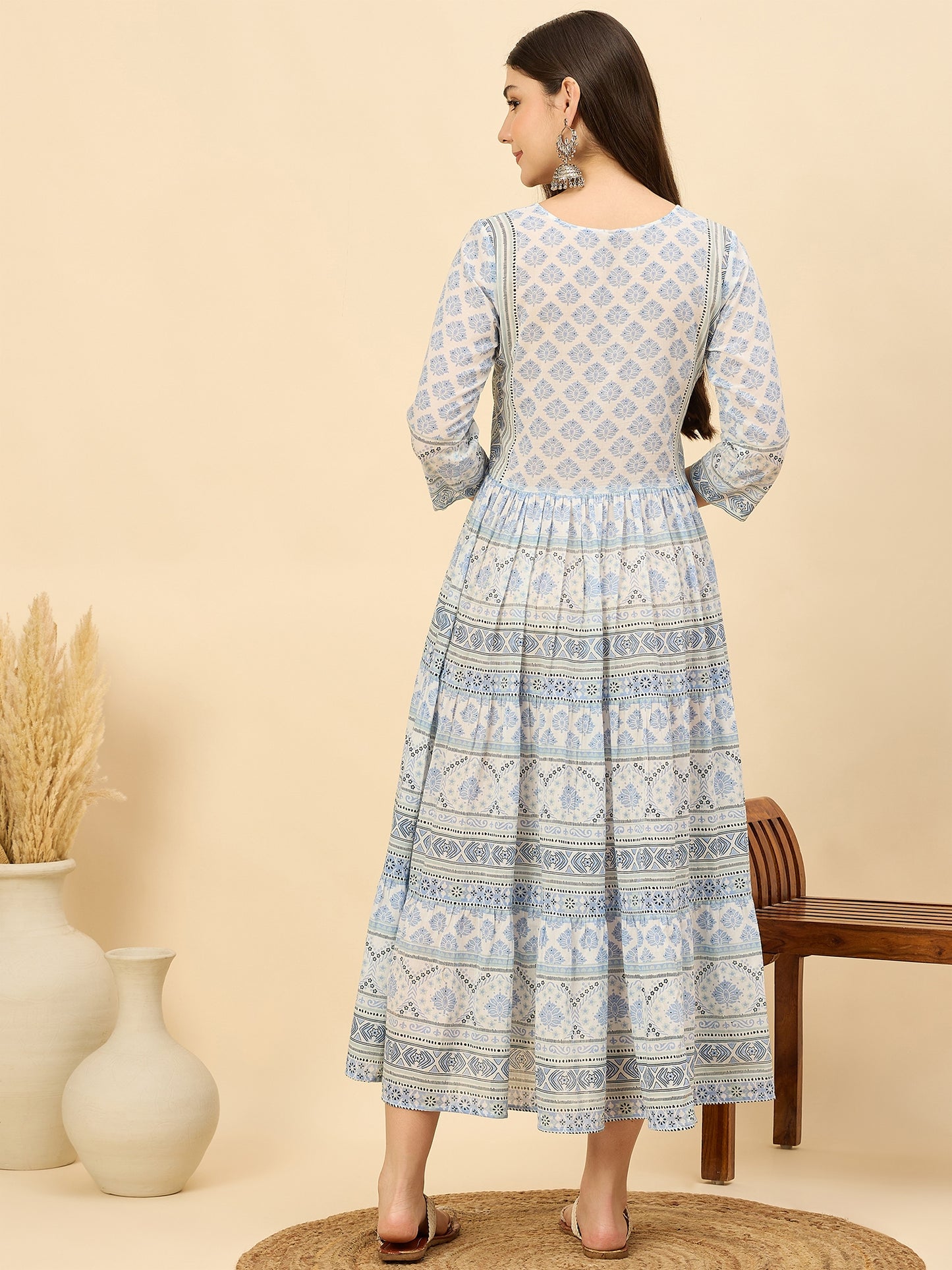 DS 1470 Pastel Printed Long Dress with Tassels Ice Blue