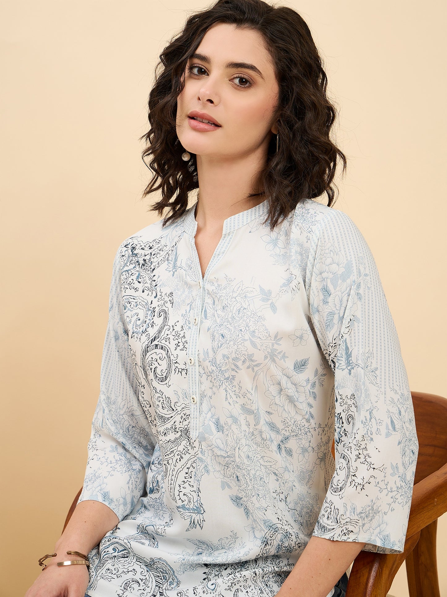 TC 1508 Vintage Paisley Printed Modal Tunic Top Frosted Blue