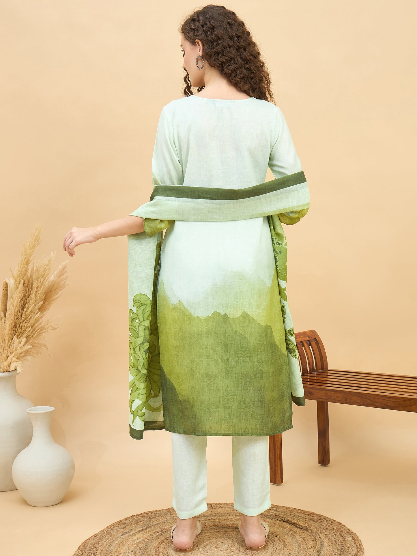 PKD 1514 Ombré Paisley Printed Poly Slub Kurta Set Pista Bloom