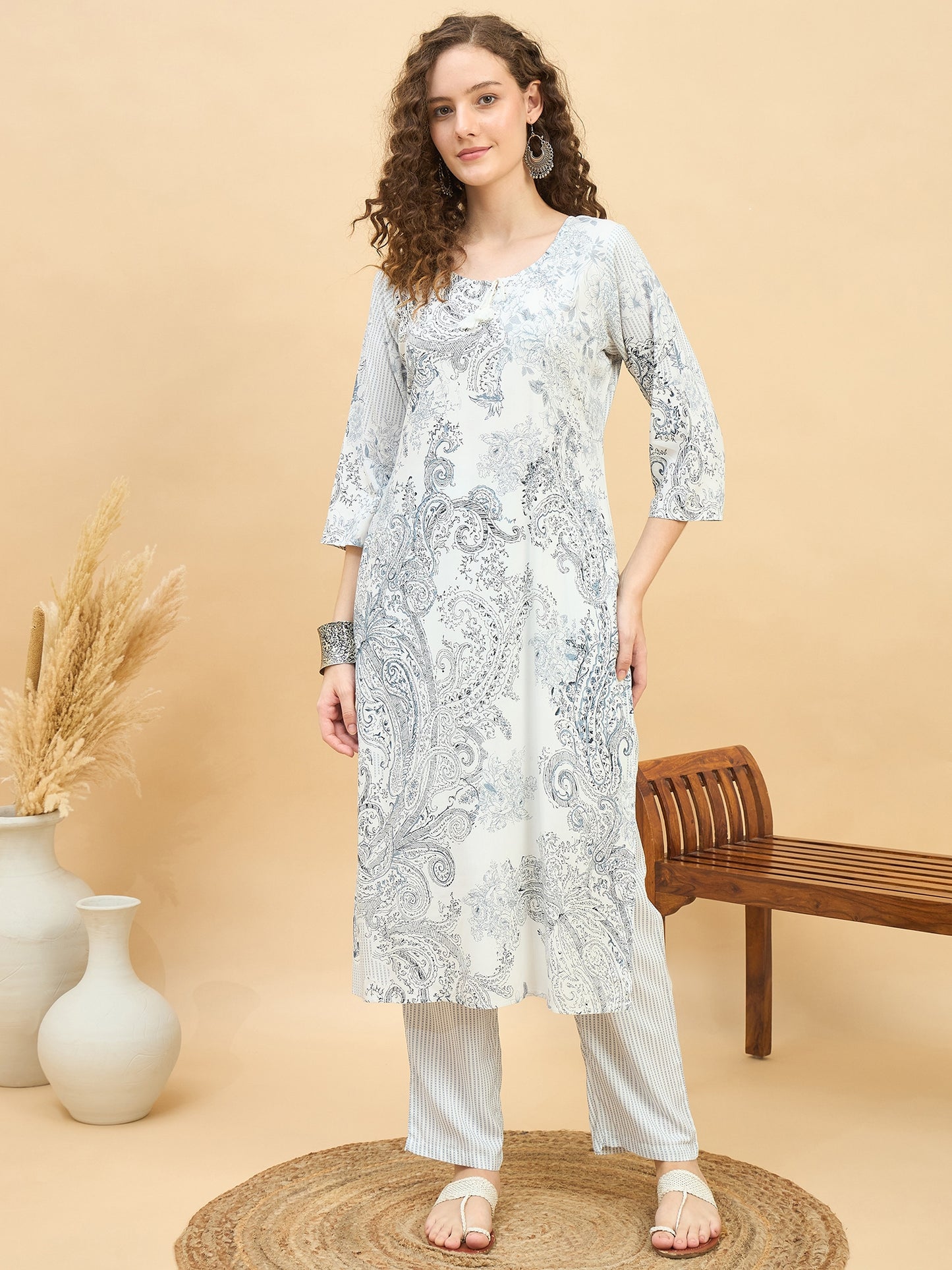 KI 1508 Paisley Print Modal Viscose Kurti Misty Grey