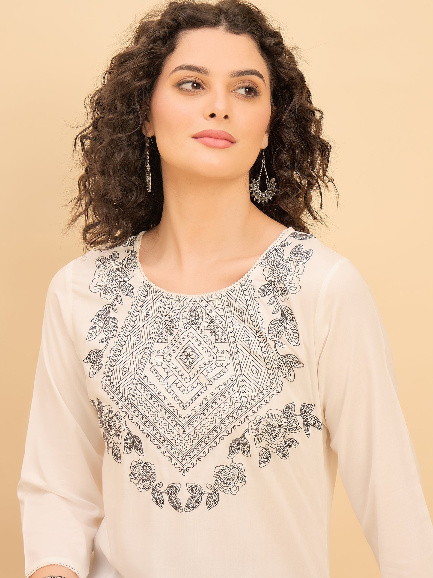 TC 1529 Modal Tunic Top with Heritage Mosaic Embroidery Pearl White