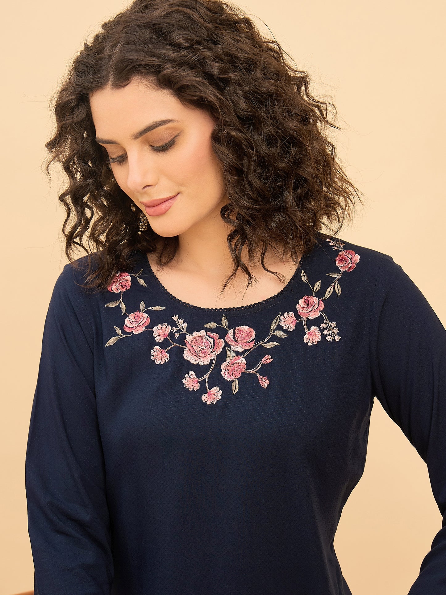TP 1506 Bloom Stitch Embroidered Modal Top Midnight Navy