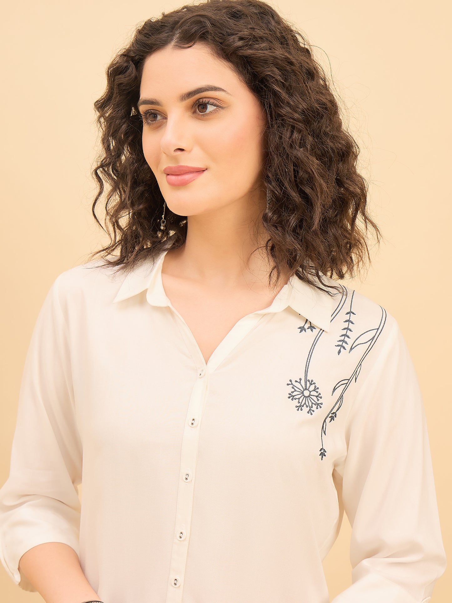 ST 1512 Botanical Thread Embroidery Modal Shirt Pearl White