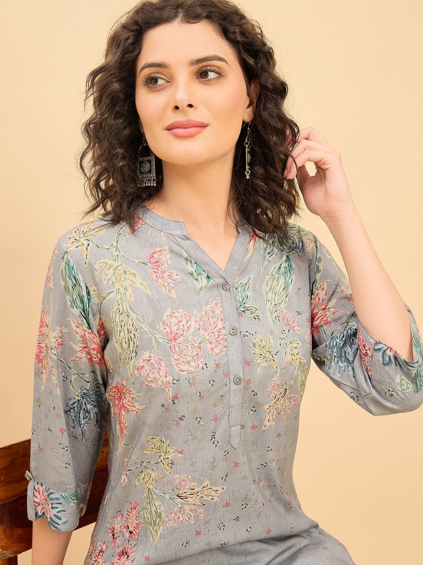 TC 1533 Printed Modal Tunic with Garden Bloom Hem Ash Gray