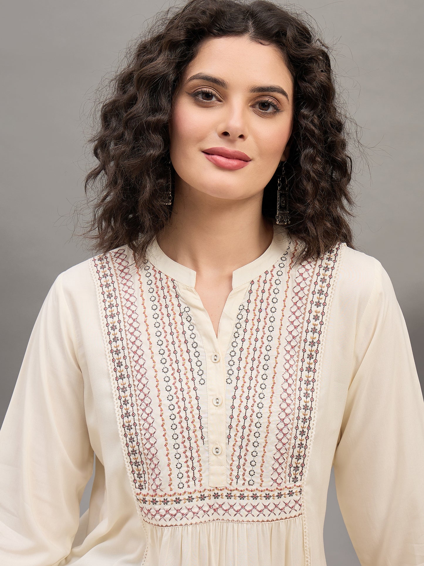 TP 1538 Heritage Yoke Embroidered Modal Top Soft Ecru
