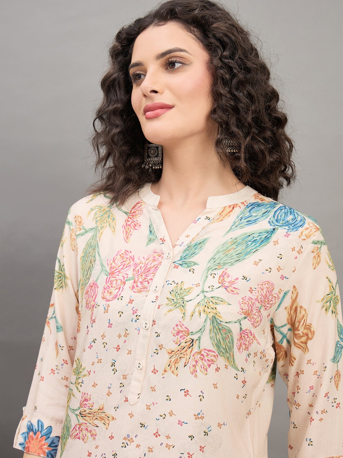 TC 1533 Printed Modal Tunic with Garden Bloom Hem Sandstone