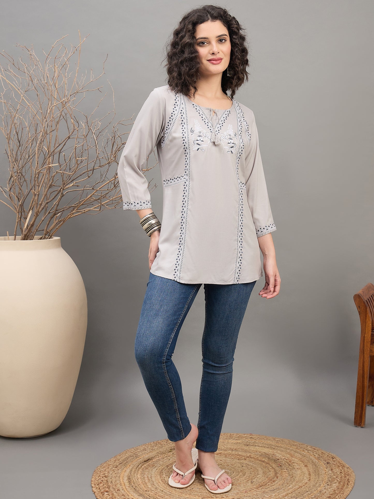 TP 1536 Embroidered Straight Panel Modal Top Misty Grey