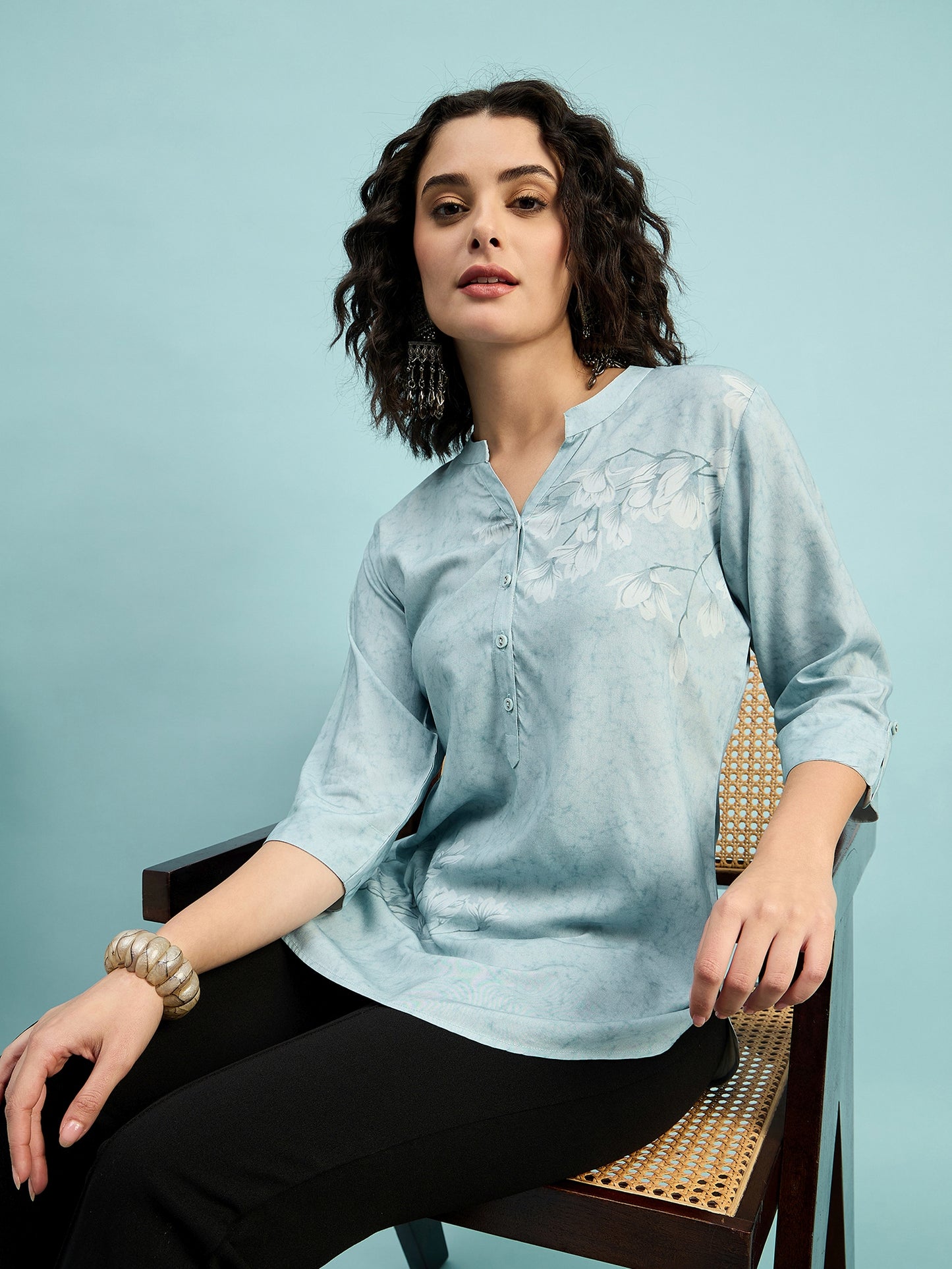TC 1509 Blossom Breeze Printed Modal Tunic Top Ice Blue