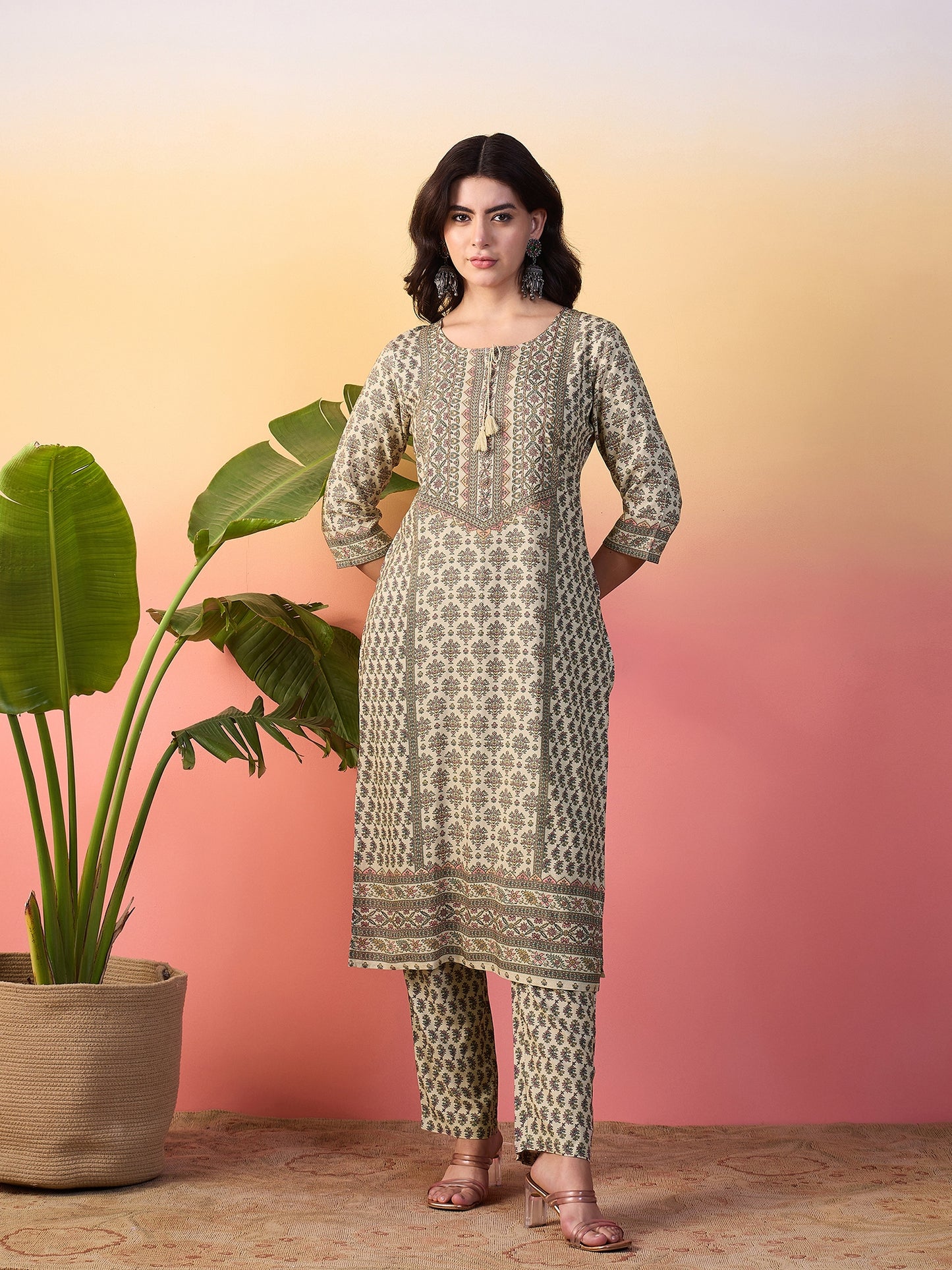 KI 1519 Ethnic Bloom Viscose Modal Kurti Sand Beige
