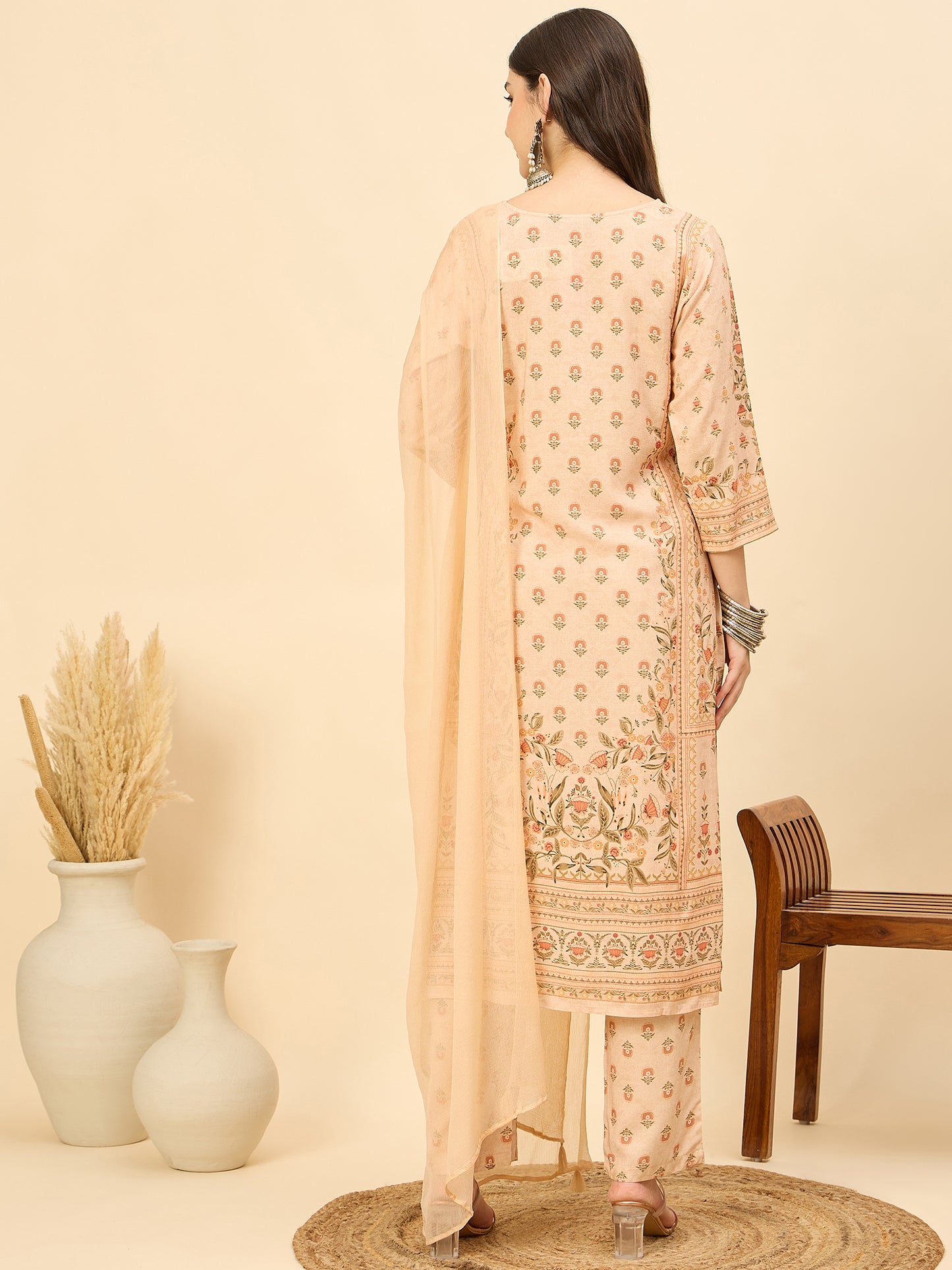 PKD 1523 Ornate Bloom Printed Modal Kurta Set  Peach Blush