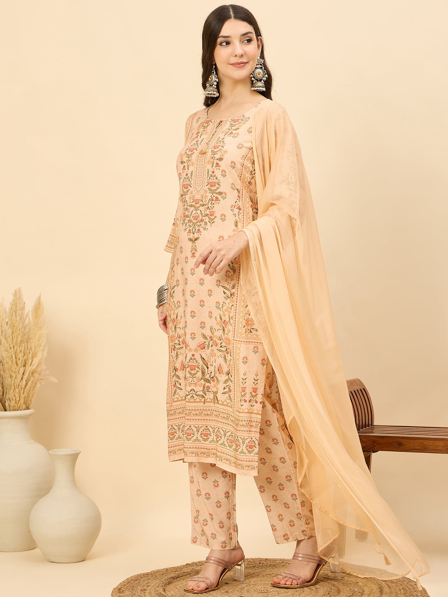 PKD 1523 Ornate Bloom Printed Modal Kurta Set  Peach Blush