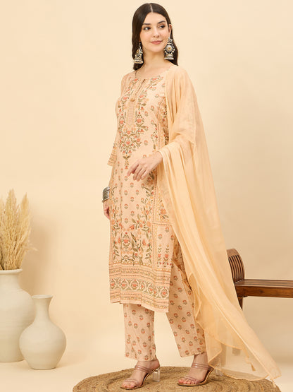 PKD 1523 Ornate Bloom Printed Modal Kurta Set  Peach Blush