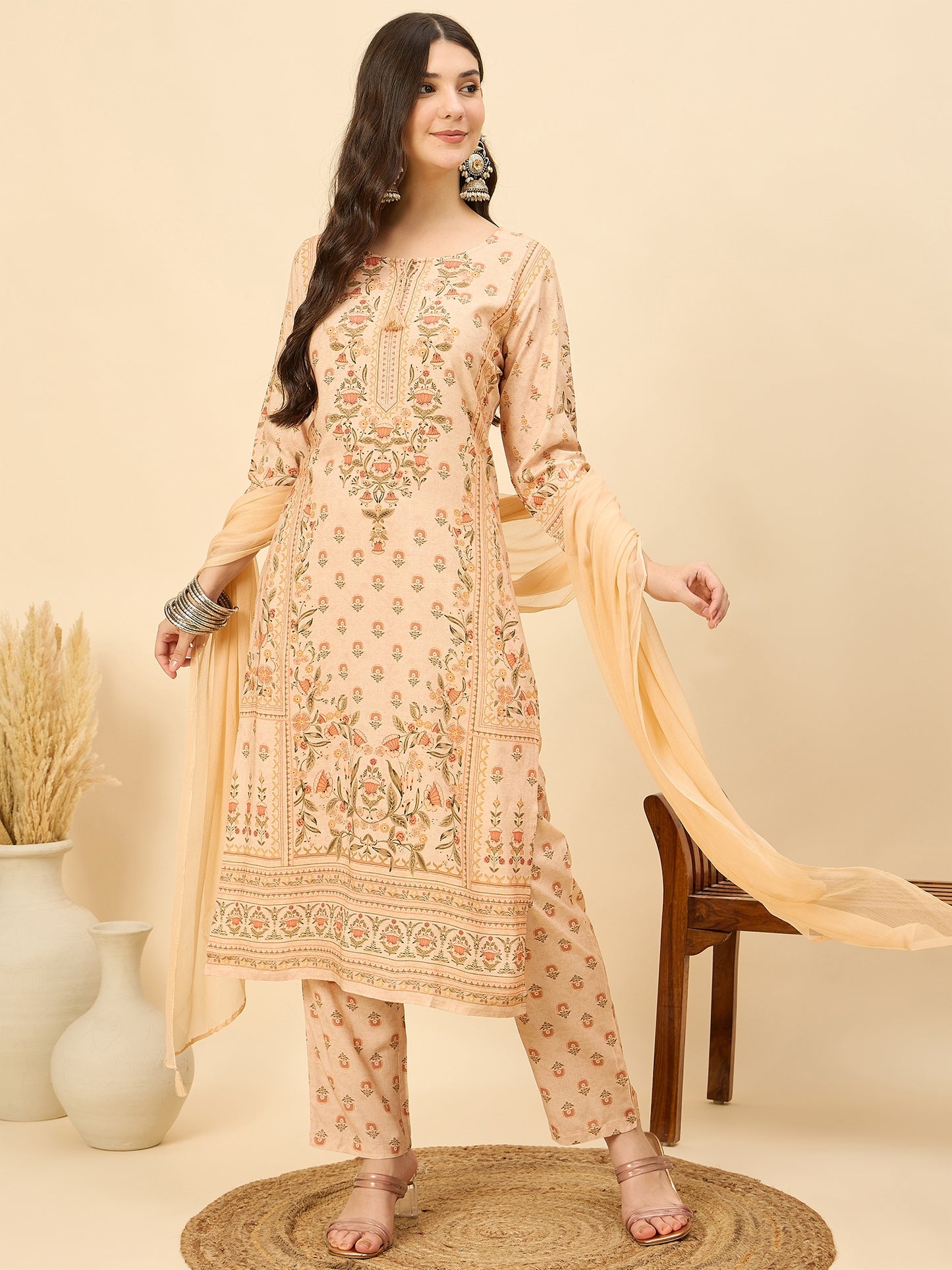 PKD 1523 Ornate Bloom Printed Modal Kurta Set  Peach Blush