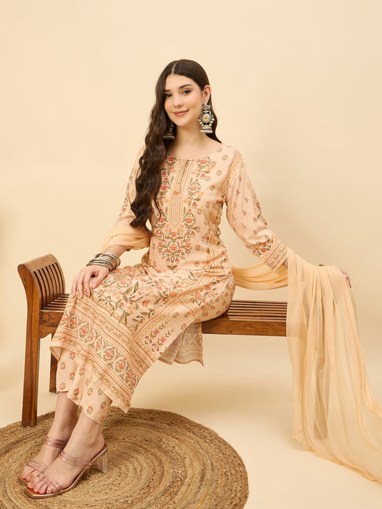 PKD 1523 Ornate Bloom Printed Modal Kurta Set  Peach Blush