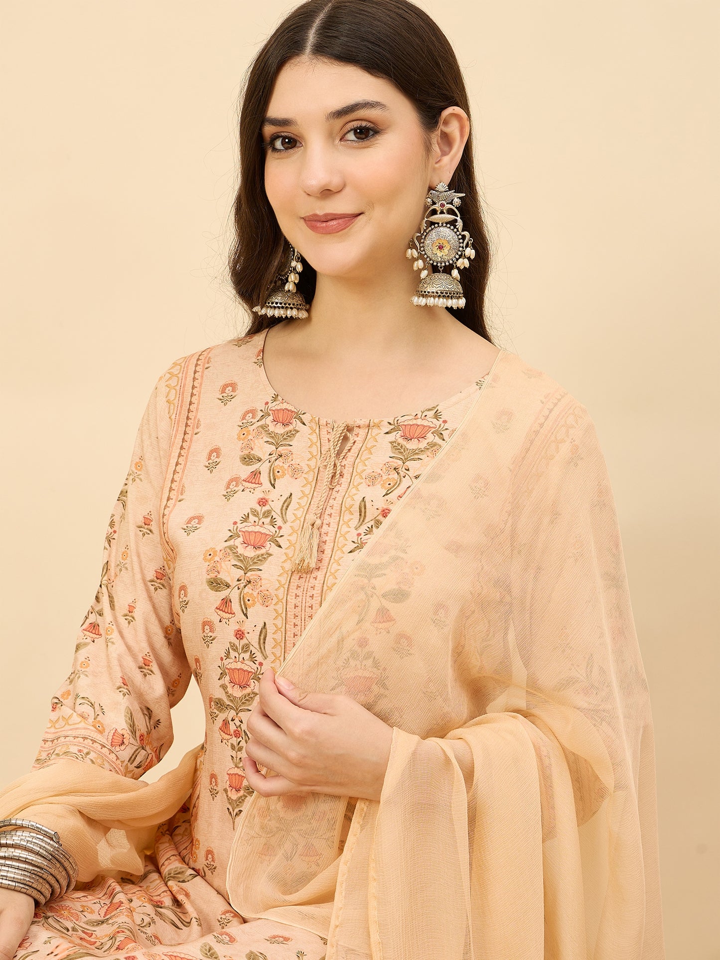 PKD 1523 Ornate Bloom Printed Modal Kurta Set  Peach Blush