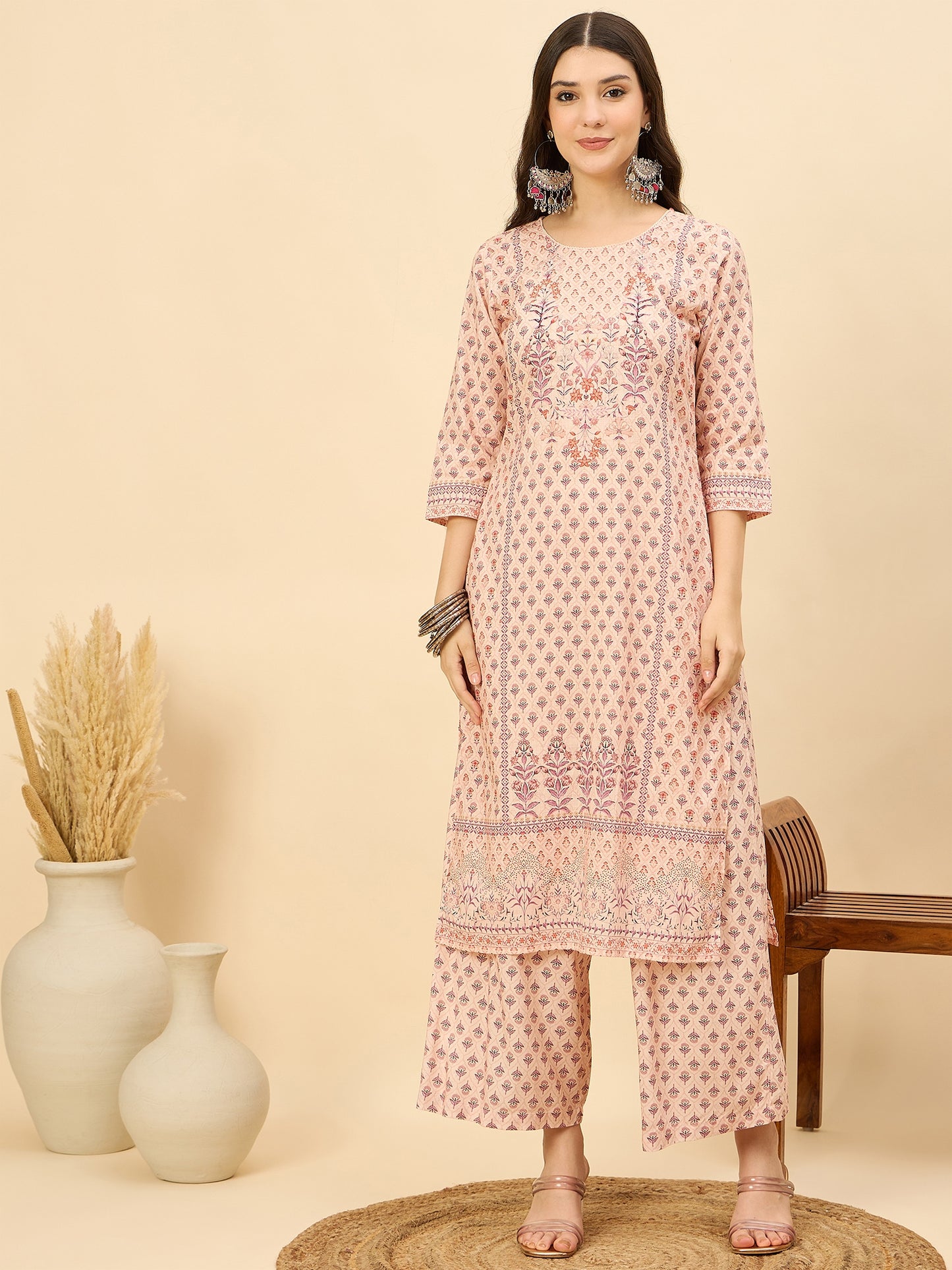 KI 1561 Heritage Buti Floral Print Cotton Slub Kurti Rustic Amber