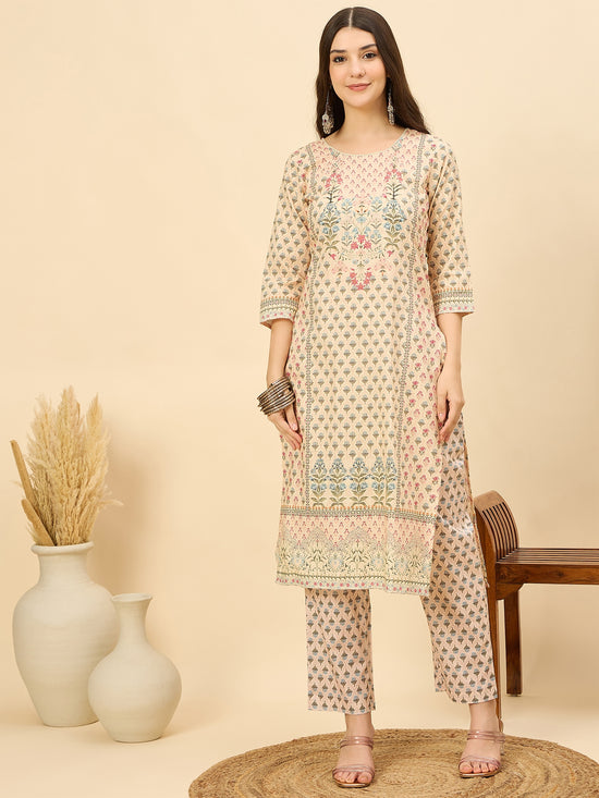 KI 1561 Heritage Buti Floral Print Cotton Slub Kurti Soft Beige
