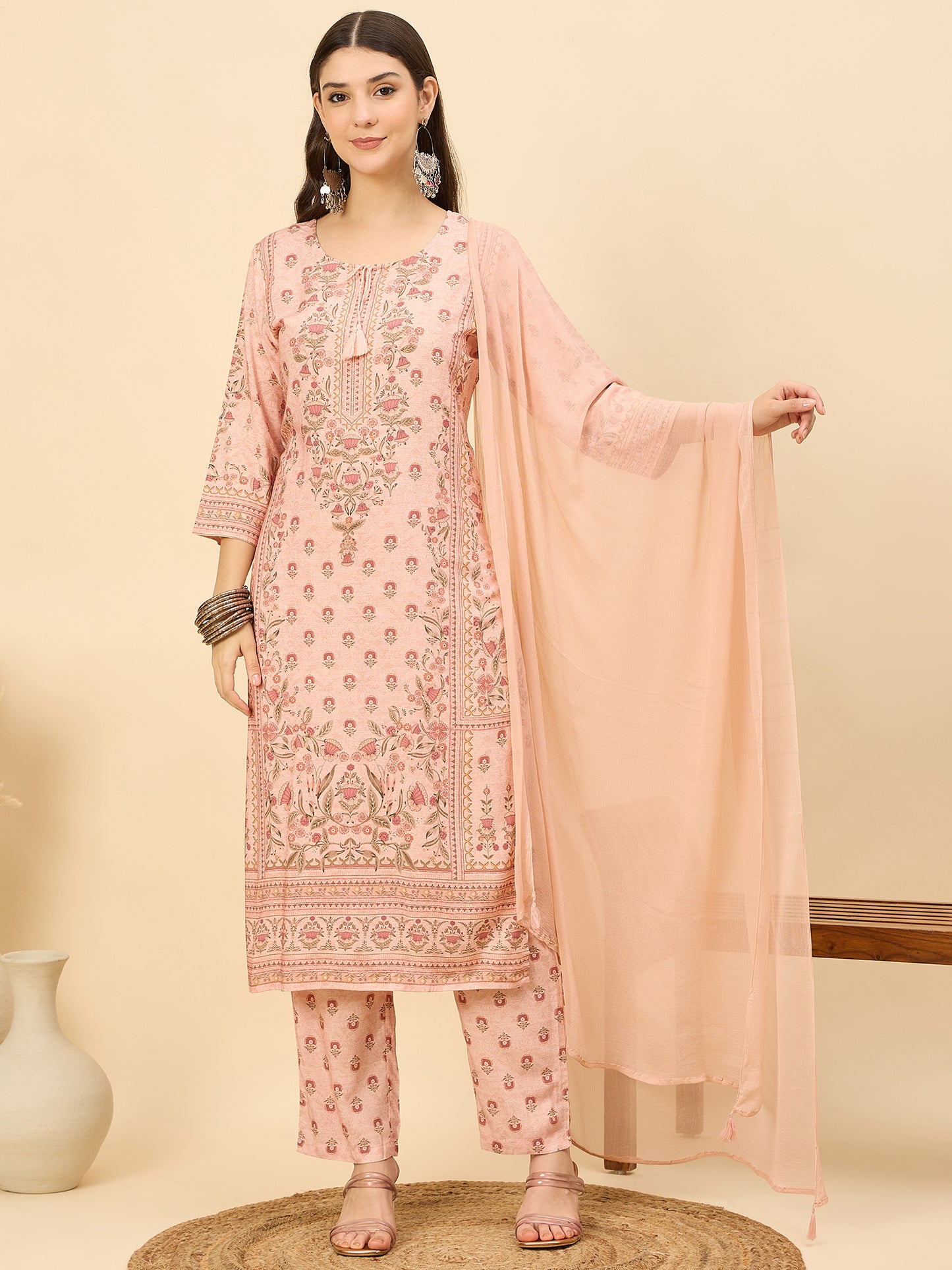 PKD 1523 Ornate Bloom Printed Modal Kurta Set  Rustic Amber