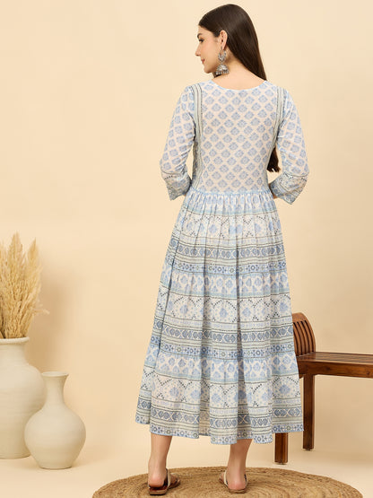 DS 1470 Pastel Printed Long Dress with Tassels Ice Blue