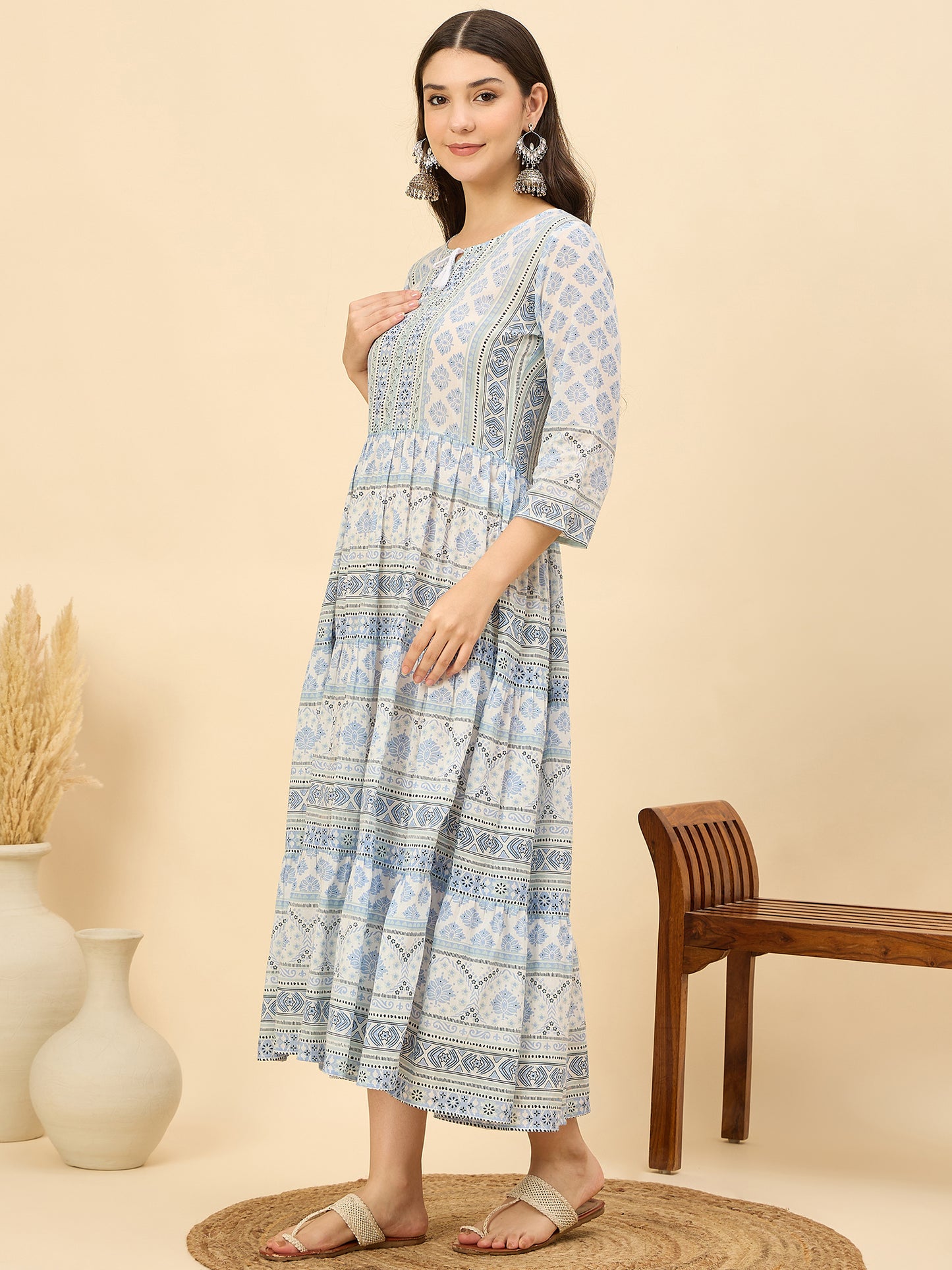 DS 1470 Pastel Printed Long Dress with Tassels Ice Blue