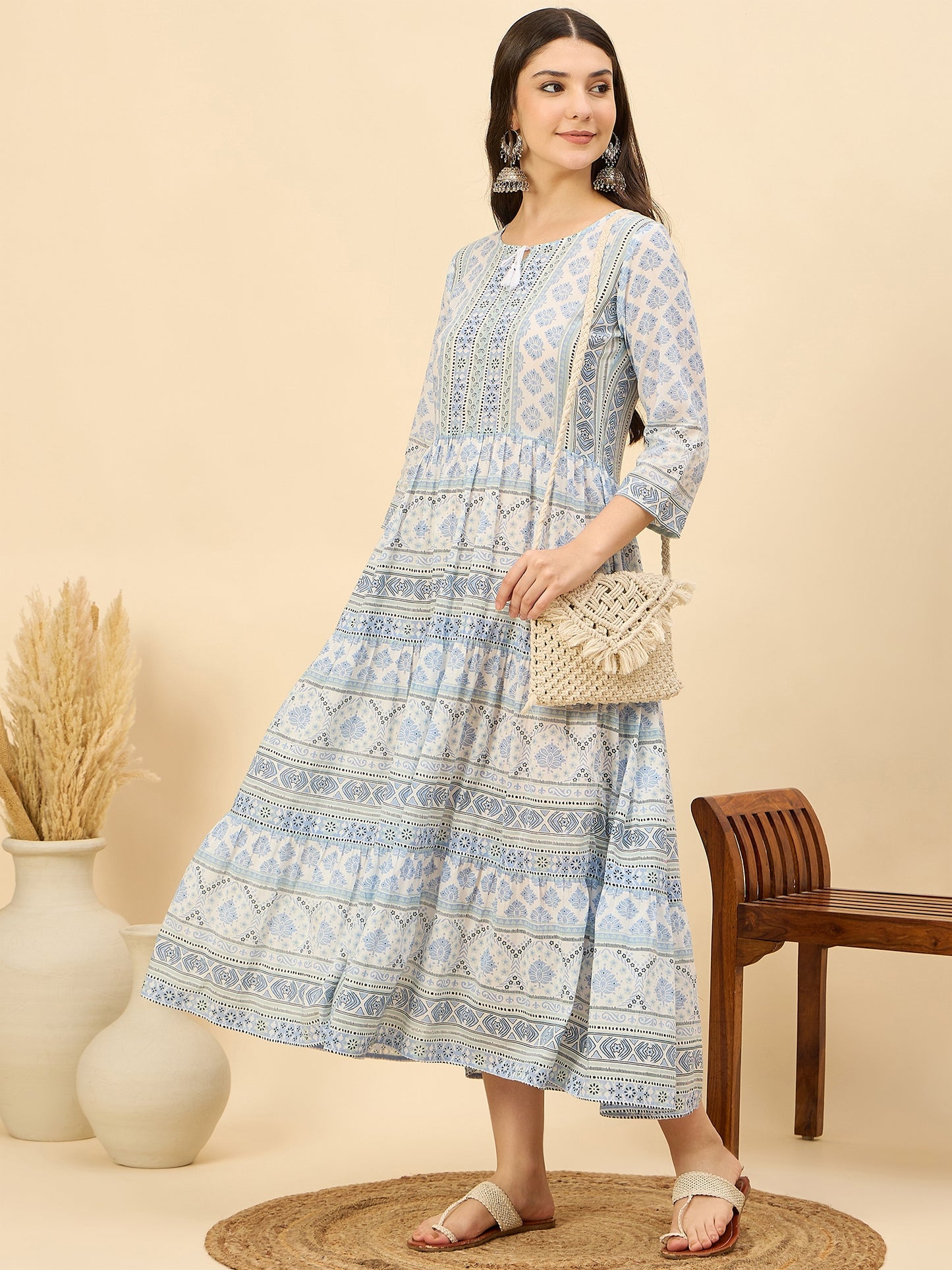 DS 1470 Pastel Printed Long Dress with Tassels Ice Blue