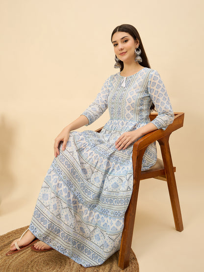 DS 1470 Pastel Printed Long Dress with Tassels Ice Blue