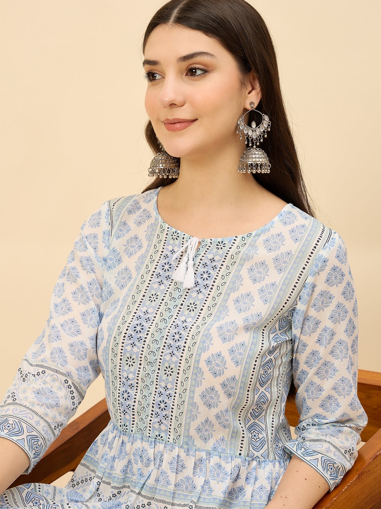 DS 1470 Pastel Printed Long Dress with Tassels Ice Blue