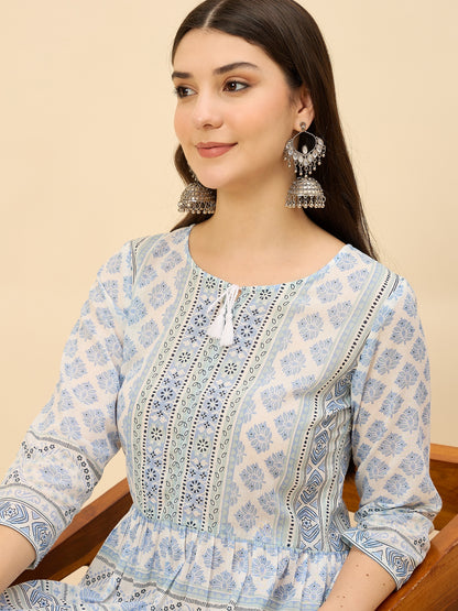 DS 1470 Pastel Printed Long Dress with Tassels Ice Blue