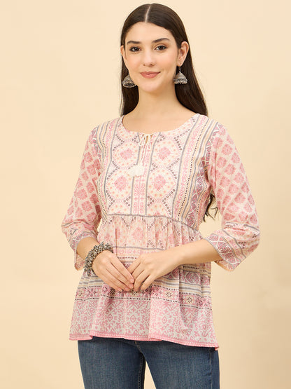 TP 1470 Block Print Inspired Cotton Top  Rose Mist