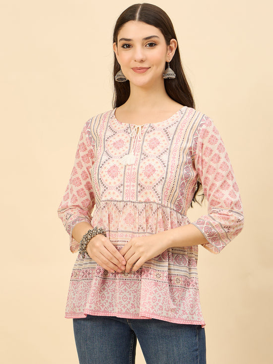 TP 1470 Block Print Inspired Cotton Top  Rose Mist