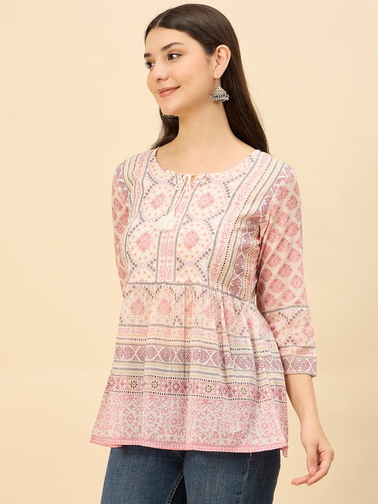 TP 1470 Block Print Inspired Cotton Top  Rose Mist