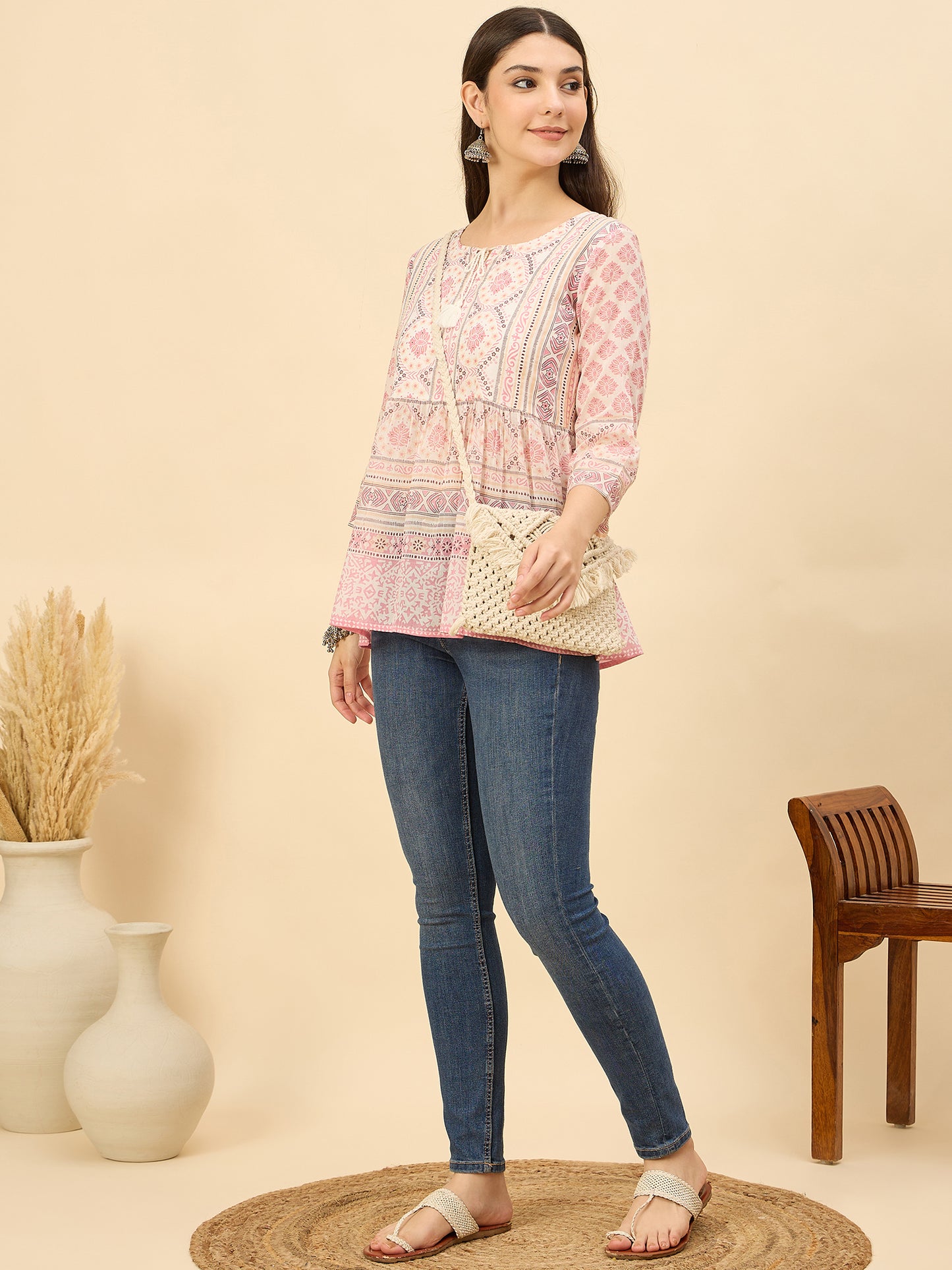TP 1470 Block Print Inspired Cotton Top  Rose Mist