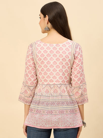 TP 1470 Block Print Inspired Cotton Top  Rose Mist