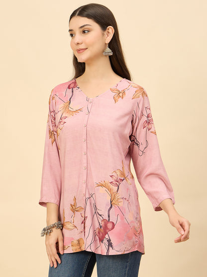 TP 1543 Artistic Floral Print Modal Top  Rose Mist