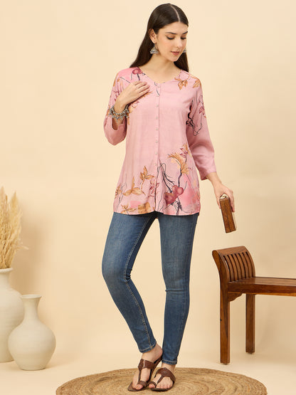 TP 1543 Artistic Floral Print Modal Top  Rose Mist