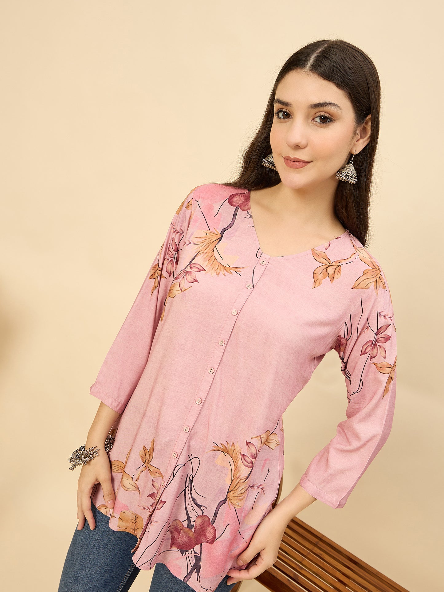 TP 1543 Artistic Floral Print Modal Top  Rose Mist