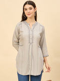 TC 1488 Embroidered Modal Tunic Top with Loop Stitch Detailing Lt.Grey