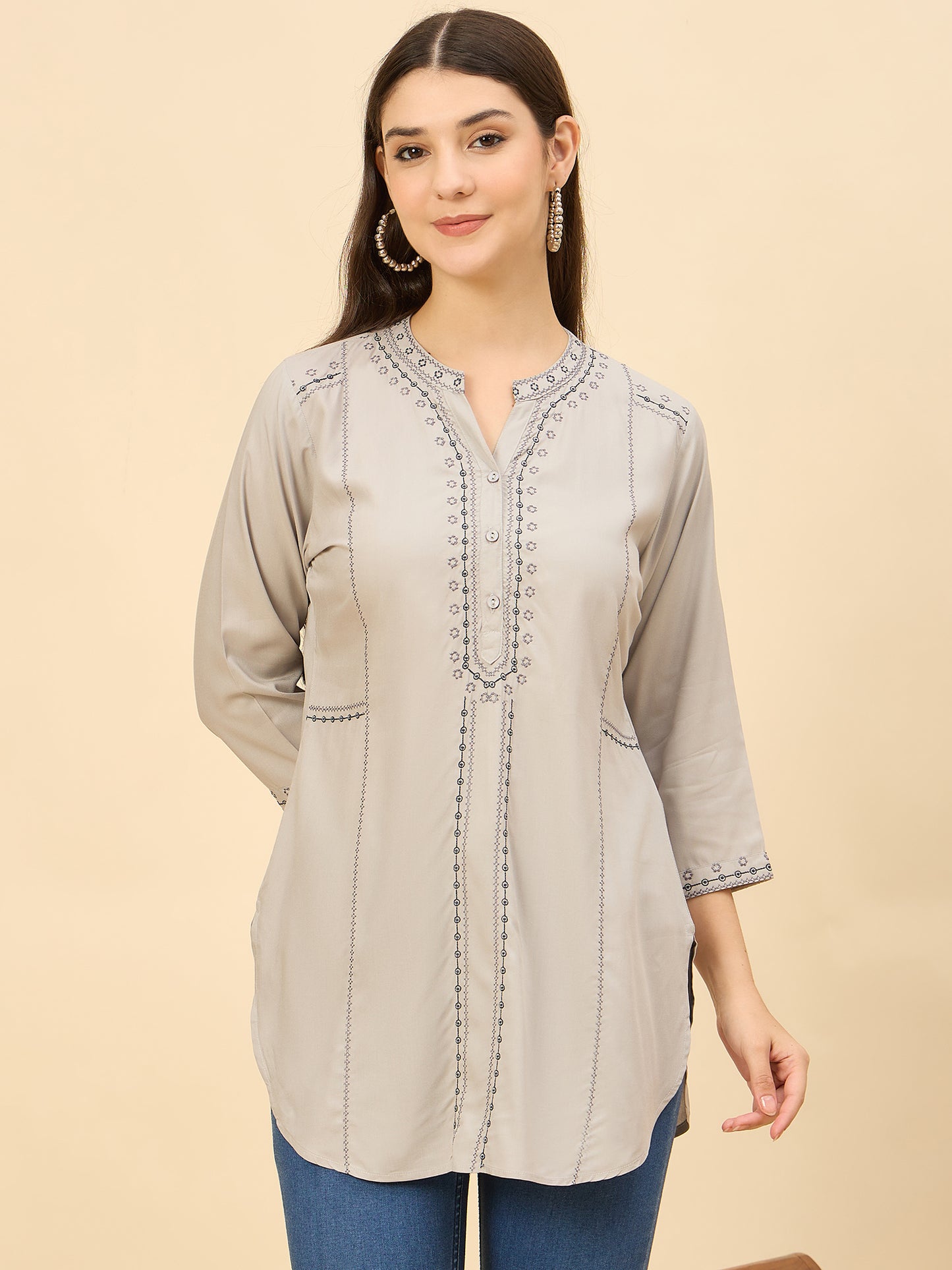 TC 1488 Embroidered Modal Tunic Top with Loop Stitch Detailing Lt.Grey