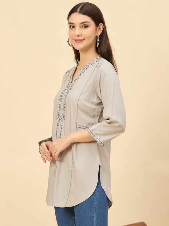 TC 1488 Embroidered Modal Tunic Top with Loop Stitch Detailing Lt.Grey