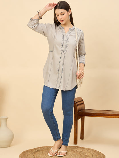 TC 1488 Embroidered Modal Tunic Top with Loop Stitch Detailing Lt.Grey