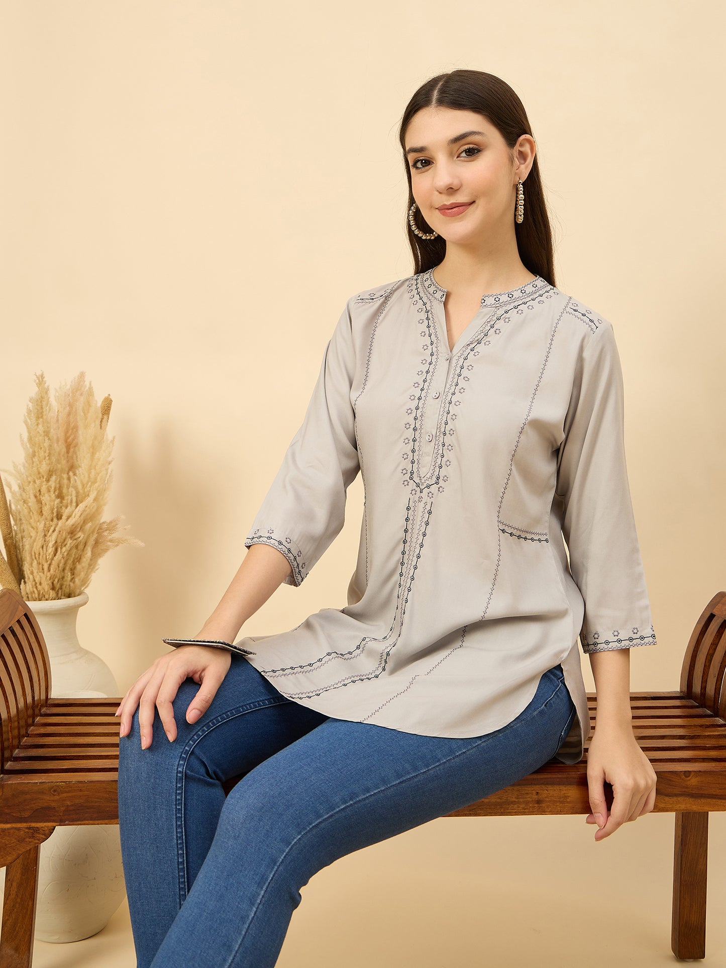 TC 1488 Embroidered Modal Tunic Top with Loop Stitch Detailing Lt.Grey
