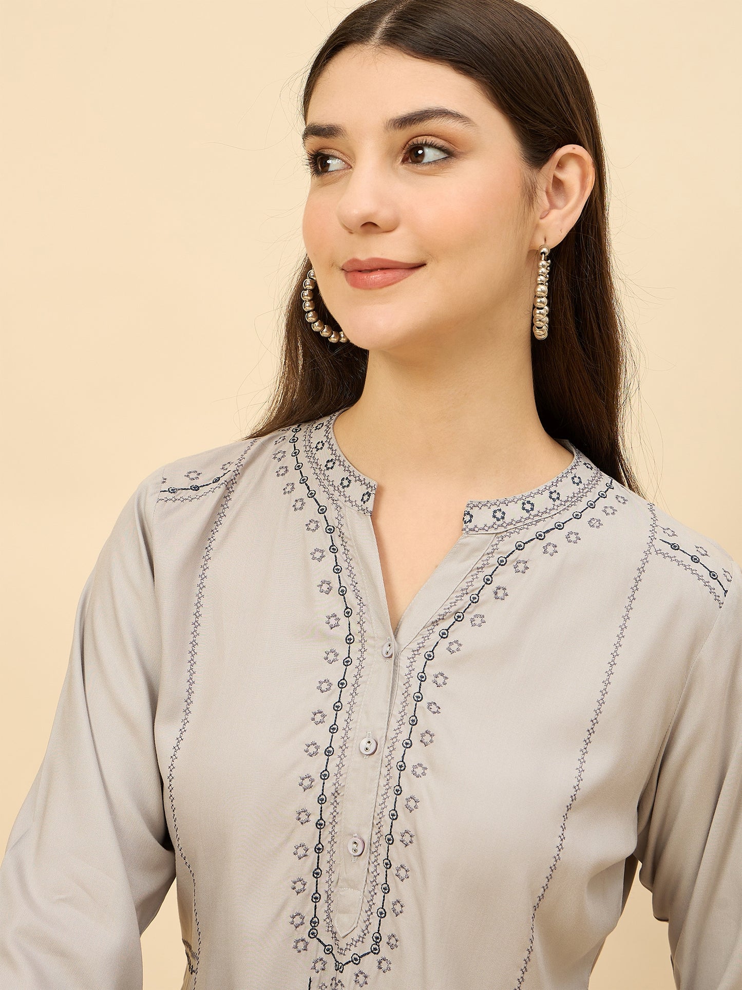 TC 1488 Embroidered Modal Tunic Top with Loop Stitch Detailing Lt.Grey