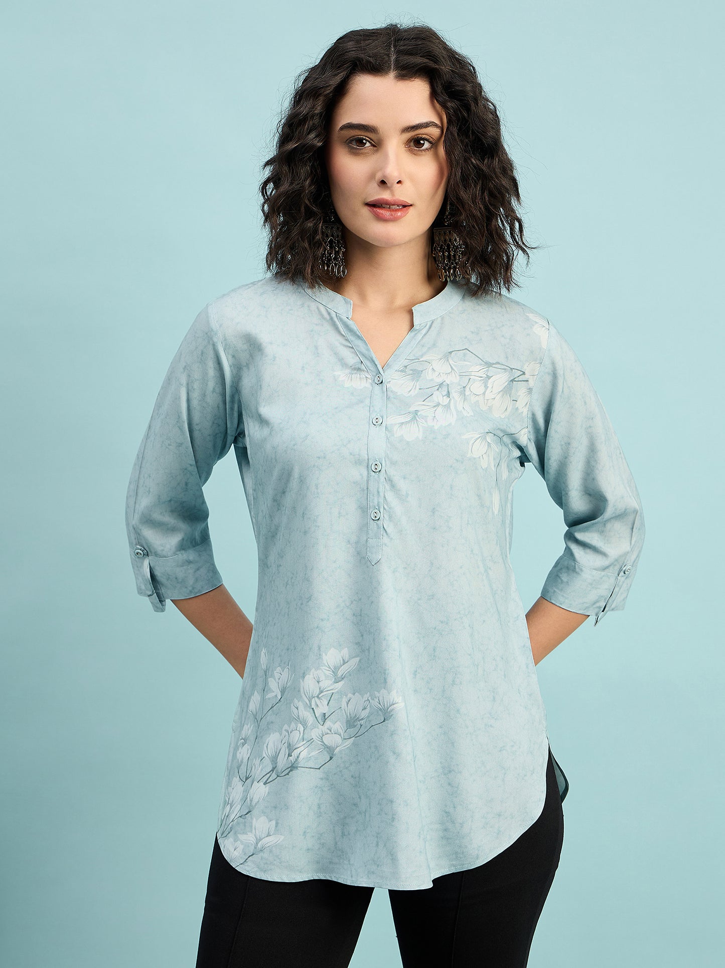 TC 1509 Blossom Breeze Printed Modal Tunic Top Ice Blue