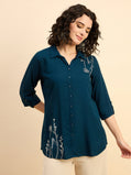 ST 1512 Botanical Thread Embroidery Modal Shirt  Ocean Teal