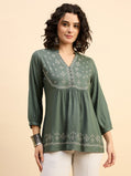 TP 1504 Floral Thread Embroidered Modal Top  Meadow Green