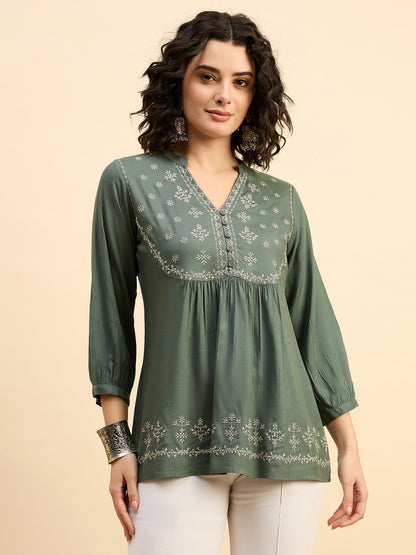 TP 1504 Floral Thread Embroidered Modal Top  Meadow Green