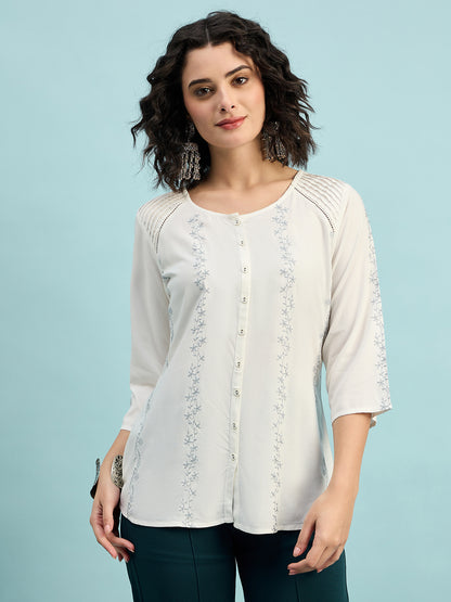 TP 1481 Vertical Thread Embroidered Modal Top  Pearl White