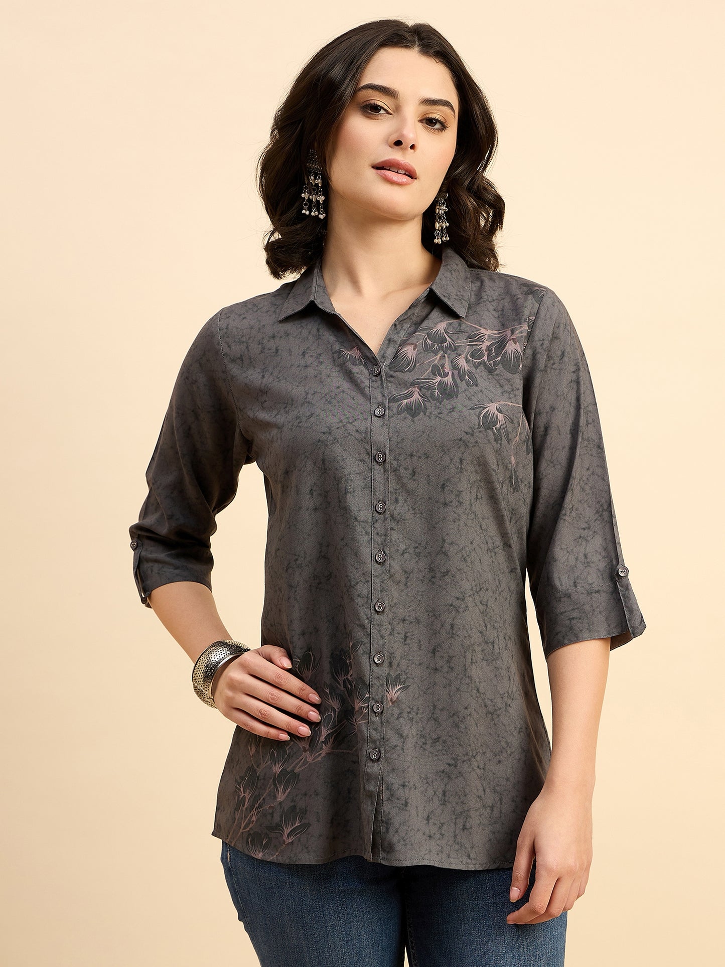 ST 1509 Floral Whisper Printed Modal Shirt  Steel Grey Glow