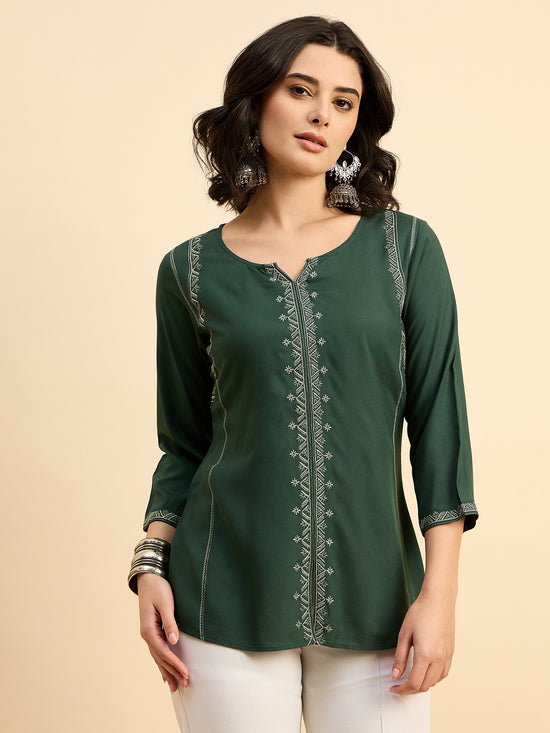 TP 1482 Geometric Thread Embroidered Modal Top  Meadow Green