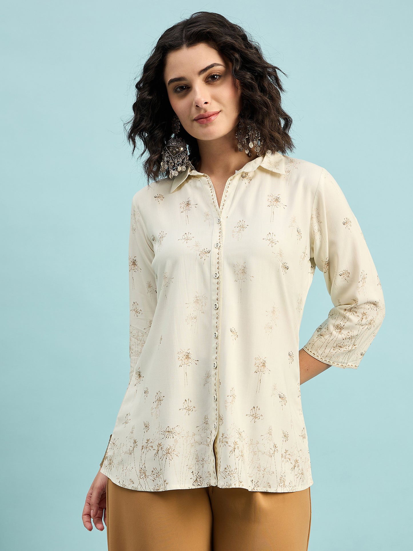 ST 1489 Botanical Breeze Printed Modal Shirt  Soft Ecru
